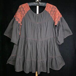 Free People Embroidered Bell Sleeve Open Back Boho Mini Dress L